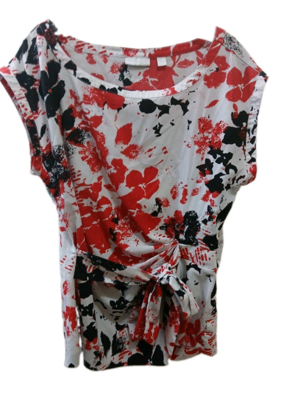 New York & Co Womens Blouse Sz L Red Black & White Floral Artsy Career Casual